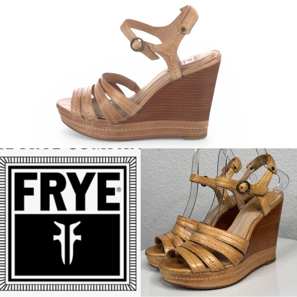 FRYE CORRINA STITCH LEATHER STRAPPY PLATFORM WEDGE SANDALS TAN BOHO ANKLE STRAP